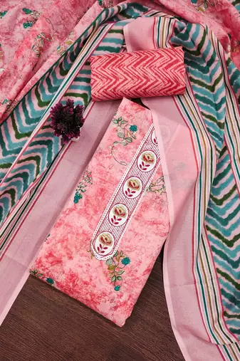 Pink embroidered cotton semi stitched churidar dress-materials