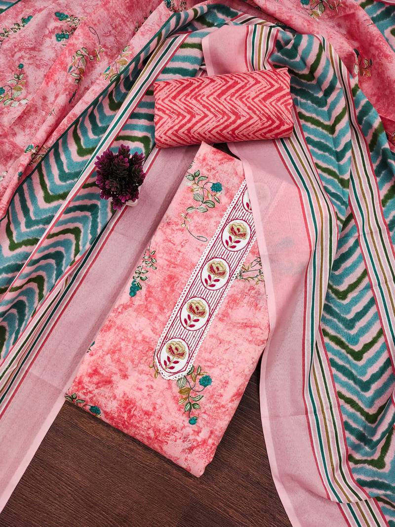 Pink embroidered cotton semi stitched churidar dress-materials