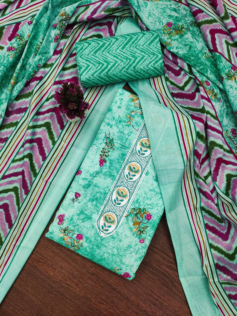 Sea-green embroidered cotton semi stitched churidar dress-materials