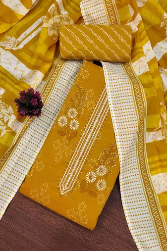 Light-green embroidered cotton semi stitched churidar dress-materials