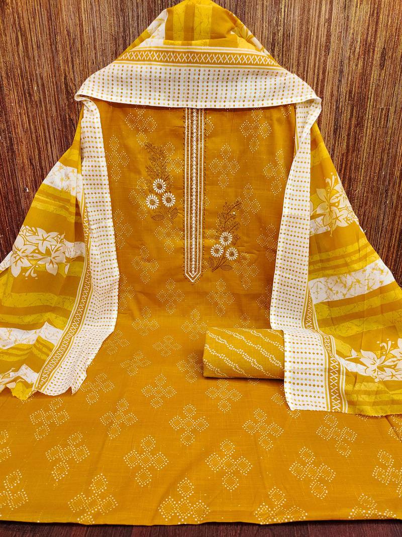 Light-green embroidered cotton semi stitched churidar dress-materials