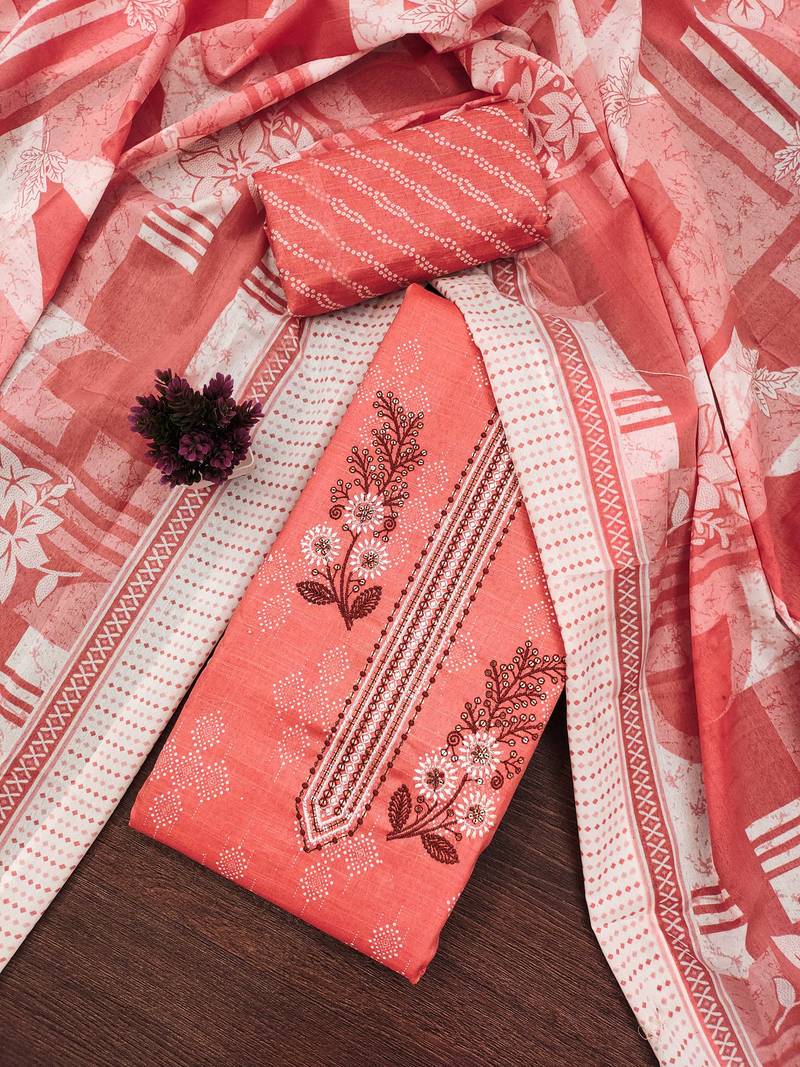 Pink embroidered cotton semi stitched churidar dress-materials