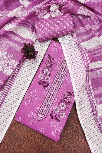 Purple embroidered cotton semi stitched churidar dress-materials