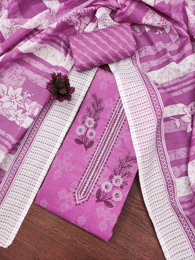 Purple embroidered cotton semi stitched churidar dress-materials