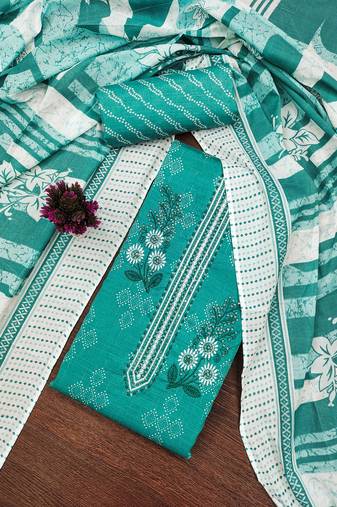 Sea-green embroidered cotton semi stitched churidar dress-materials