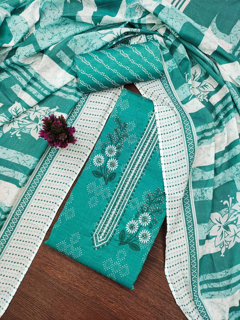 Sea-green embroidered cotton semi stitched churidar dress-materials