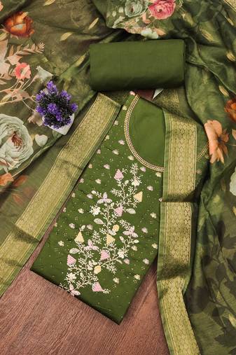 Green embroidered cotton semi stitched churidar dress-materials