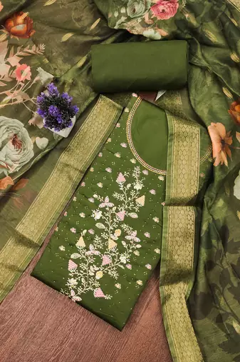 Green embroidered cotton semi stitched churidar dress-materials
