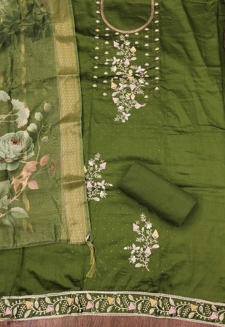 Green embroidered cotton semi stitched churidar dress-materials