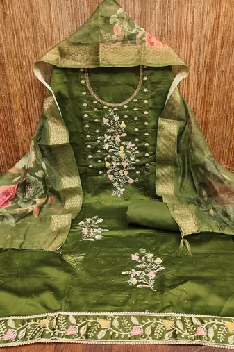 Green embroidered cotton churidar dress-materials