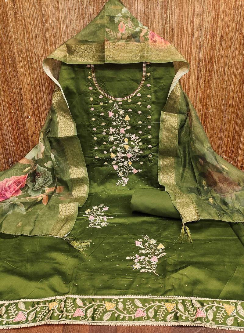 Green embroidered cotton semi stitched churidar dress-materials