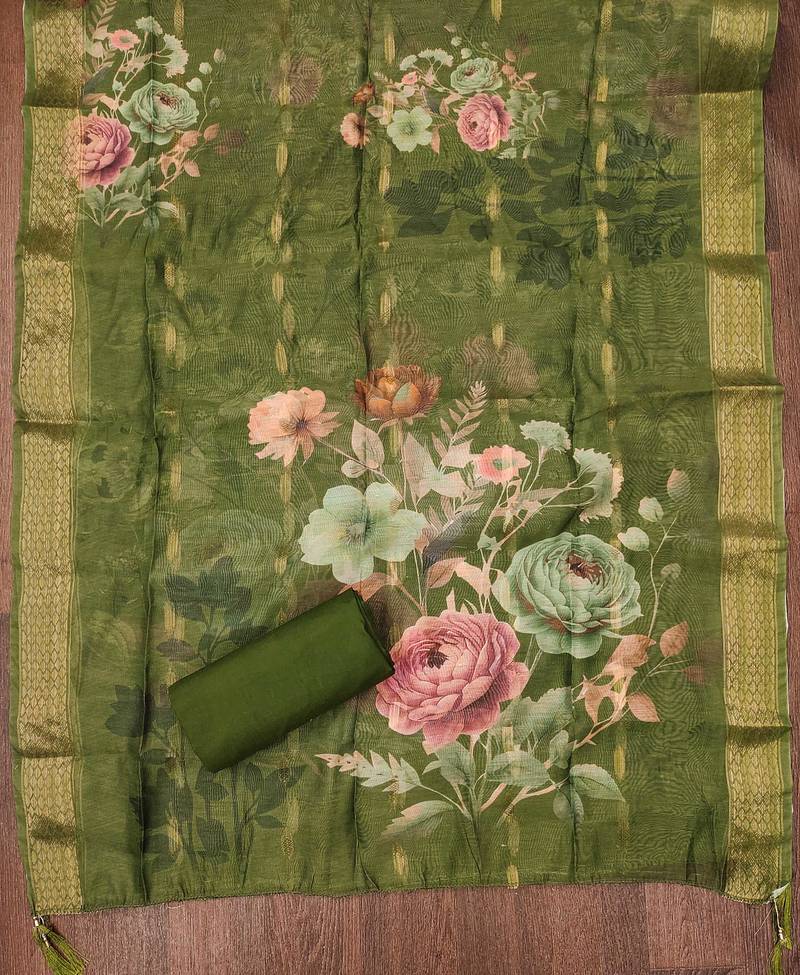 Green embroidered cotton semi stitched churidar dress-materials