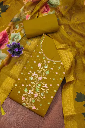 Light-green embroidered cotton semi stitched churidar dress-materials