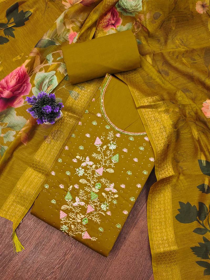 Light-green embroidered cotton semi stitched churidar dress-materials