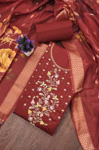 Maroon embroidered cotton semi stitched churidar dress-materials