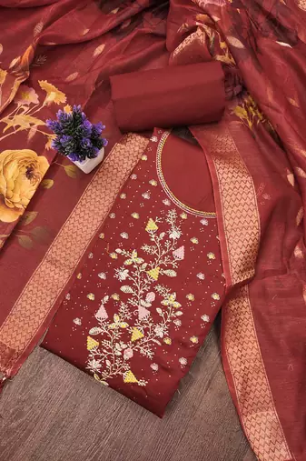 Maroon embroidered cotton semi stitched churidar dress-materials
