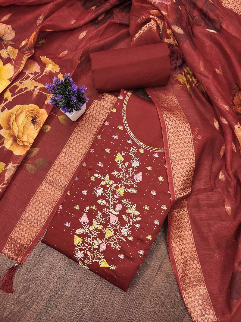 Maroon embroidered cotton semi stitched churidar dress-materials