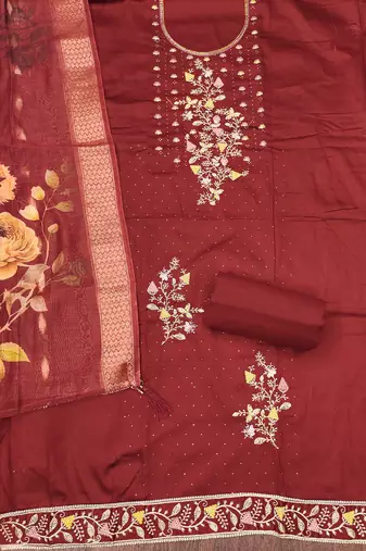 Maroon embroidered cotton churidar dress-materials