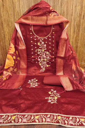 Maroon embroidered cotton churidar dress-materials