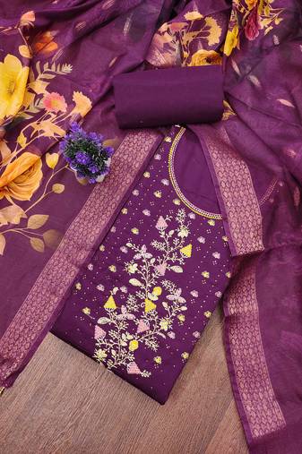 Purple embroidered cotton semi stitched churidar dress-materials