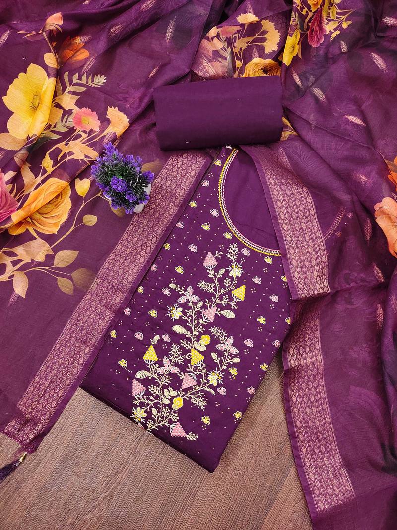 Purple embroidered cotton semi stitched churidar dress-materials