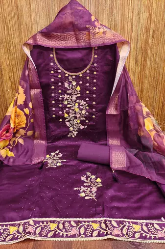 Purple embroidered cotton churidar dress-materials