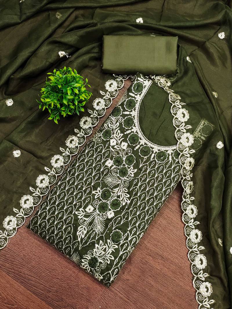 Mehendi embroidered georgette semi stitched churidar dress-materials