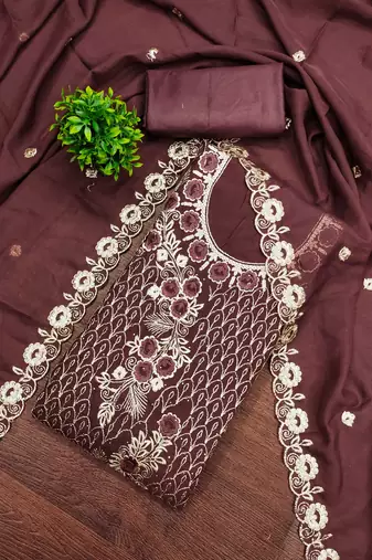 Purple embroidered georgette semi stitched churidar dress-materials