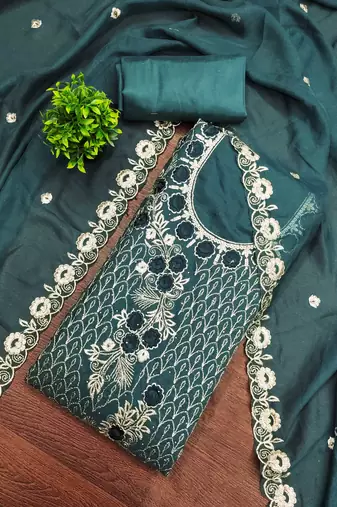 Sea-green embroidered georgette semi stitched churidar dress-materials