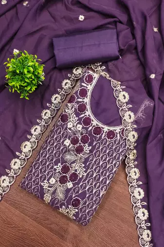 Violet embroidered georgette semi stitched churidar dress-materials