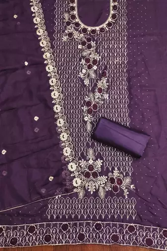 Violet embroidered georgette churidar dress-materials