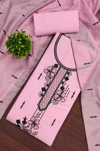 Baby-pink embroidered cotton semi stitched churidar dress-materials