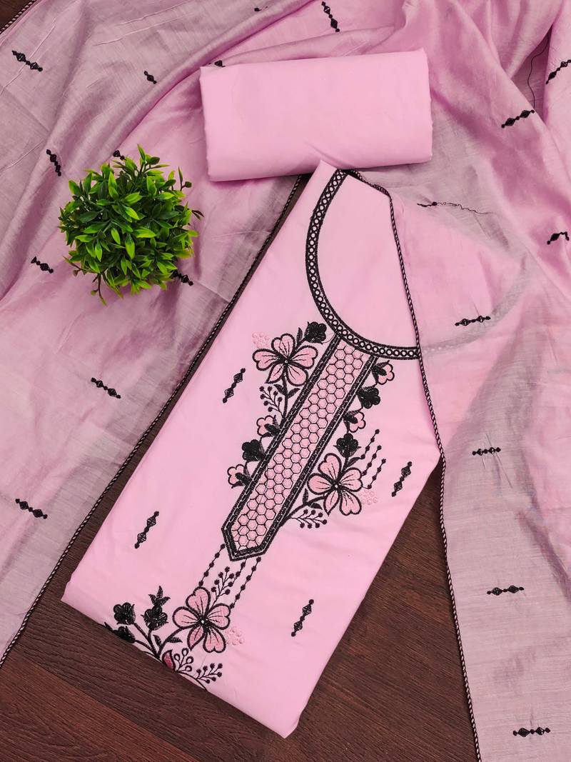 Baby-pink embroidered cotton semi stitched churidar dress-materials