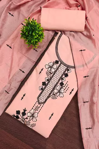 Peach embroidered cotton semi stitched churidar dress-materials