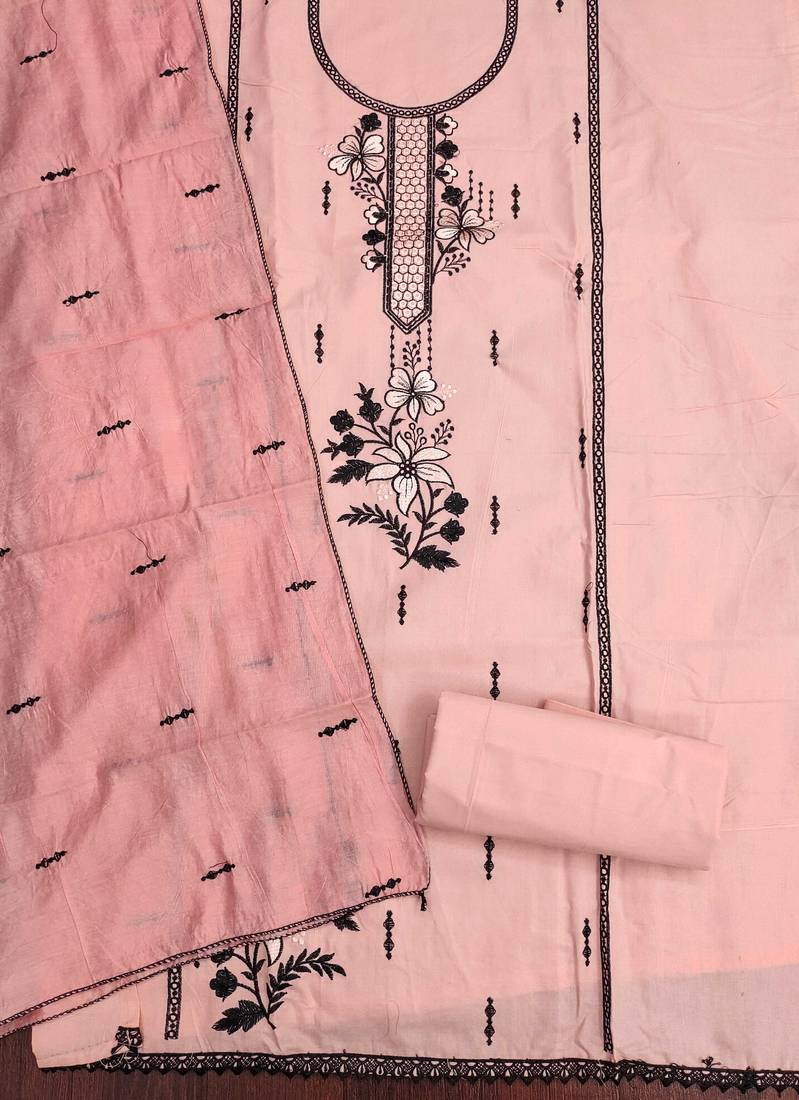 Peach embroidered cotton semi stitched churidar dress-materials