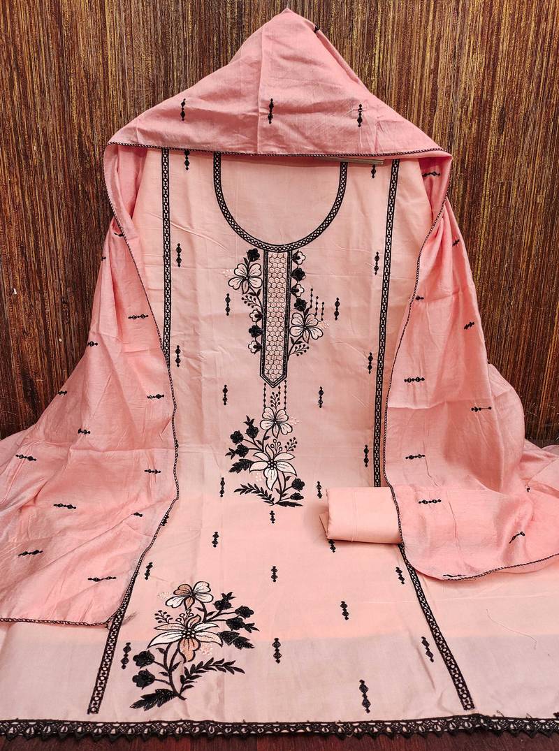 Peach embroidered cotton semi stitched churidar dress-materials