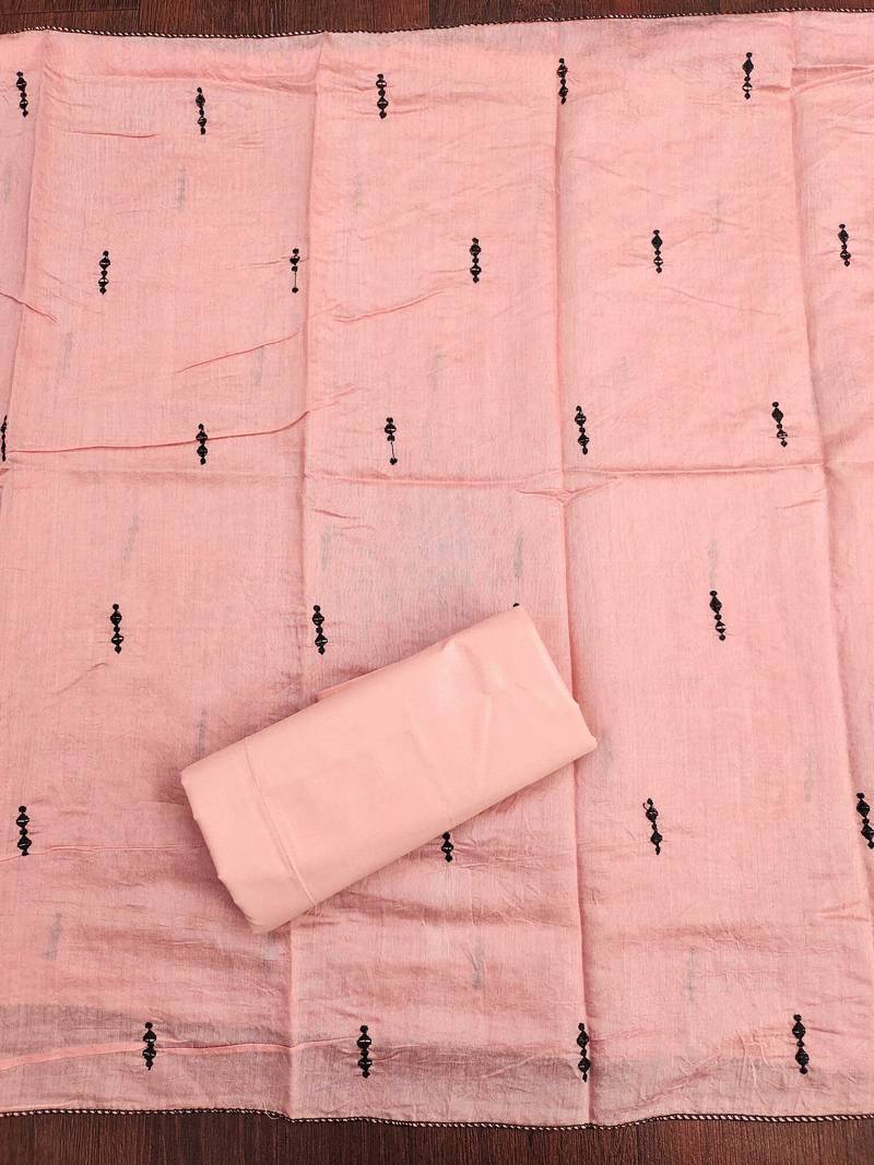 Peach embroidered cotton semi stitched churidar dress-materials