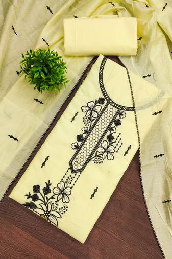 Yellow embroidered cotton semi stitched churidar dress-materials