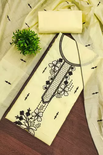 Yellow embroidered cotton semi stitched churidar dress-materials