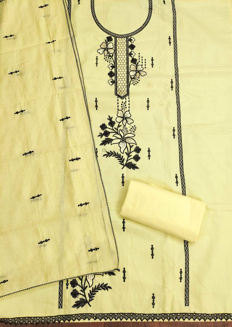 Yellow embroidered cotton semi stitched churidar dress-materials