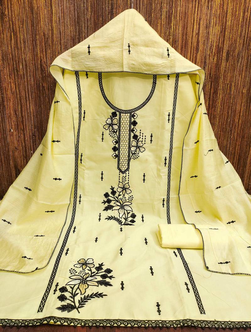 Yellow embroidered cotton semi stitched churidar dress-materials