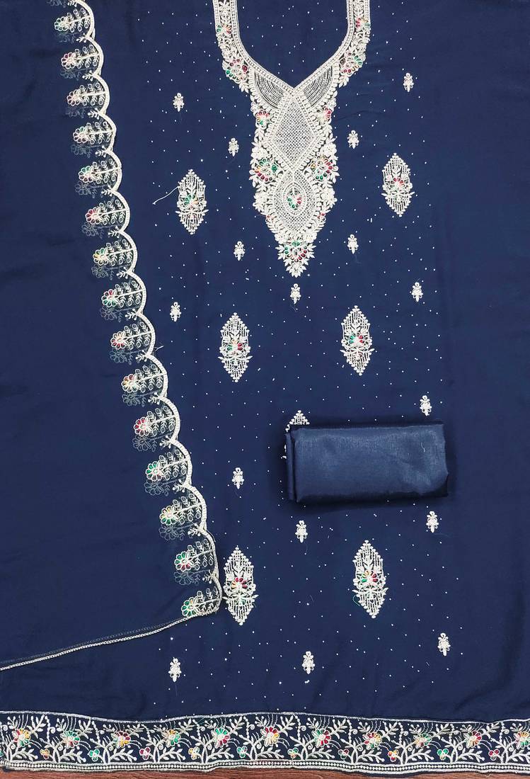 Blue embroidered georgette semi stitched churidar dress-materials