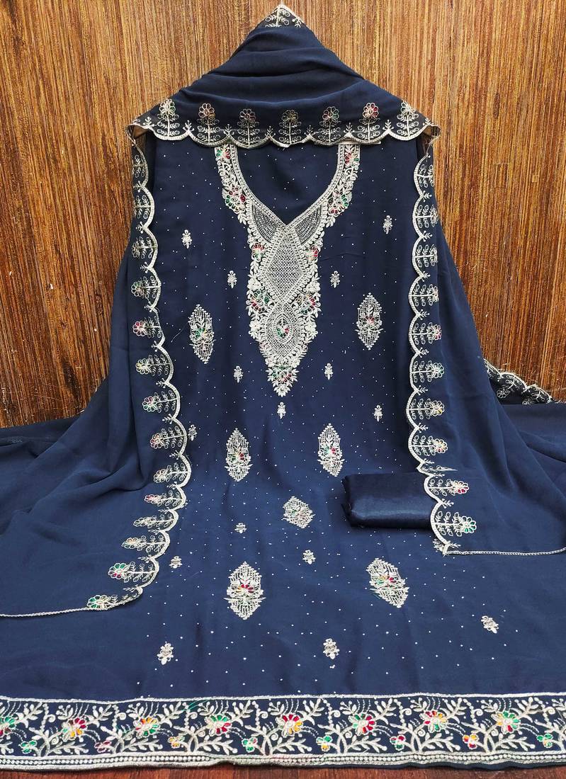 Blue embroidered georgette semi stitched churidar dress-materials