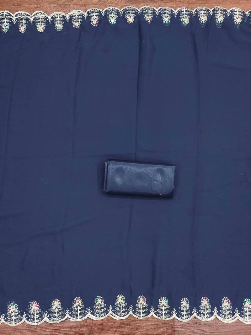 Blue embroidered georgette semi stitched churidar dress-materials