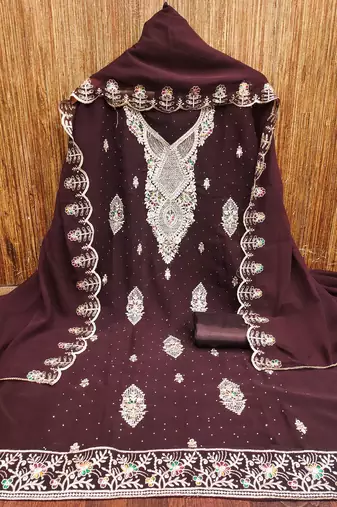 Brown embroidered georgette churidar dress-materials