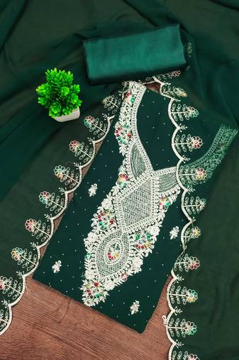 Green embroidered georgette semi stitched churidar dress-materials