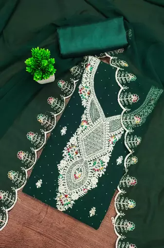 Green embroidered georgette semi stitched churidar dress-materials