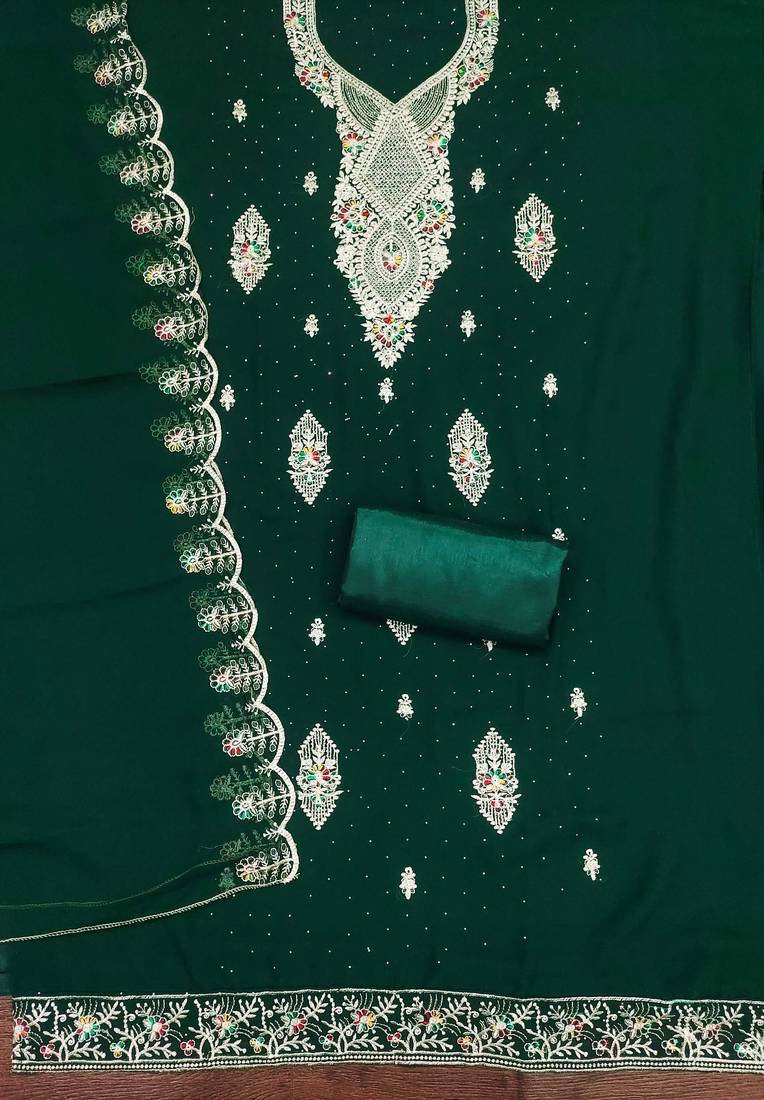 Green embroidered georgette semi stitched churidar dress-materials
