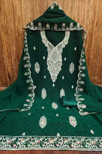 Green embroidered georgette churidar dress-materials