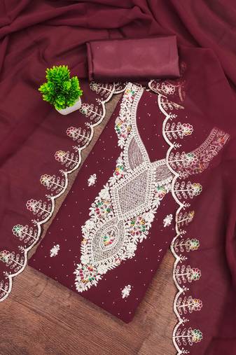 Maroon embroidered georgette semi stitched churidar dress-materials